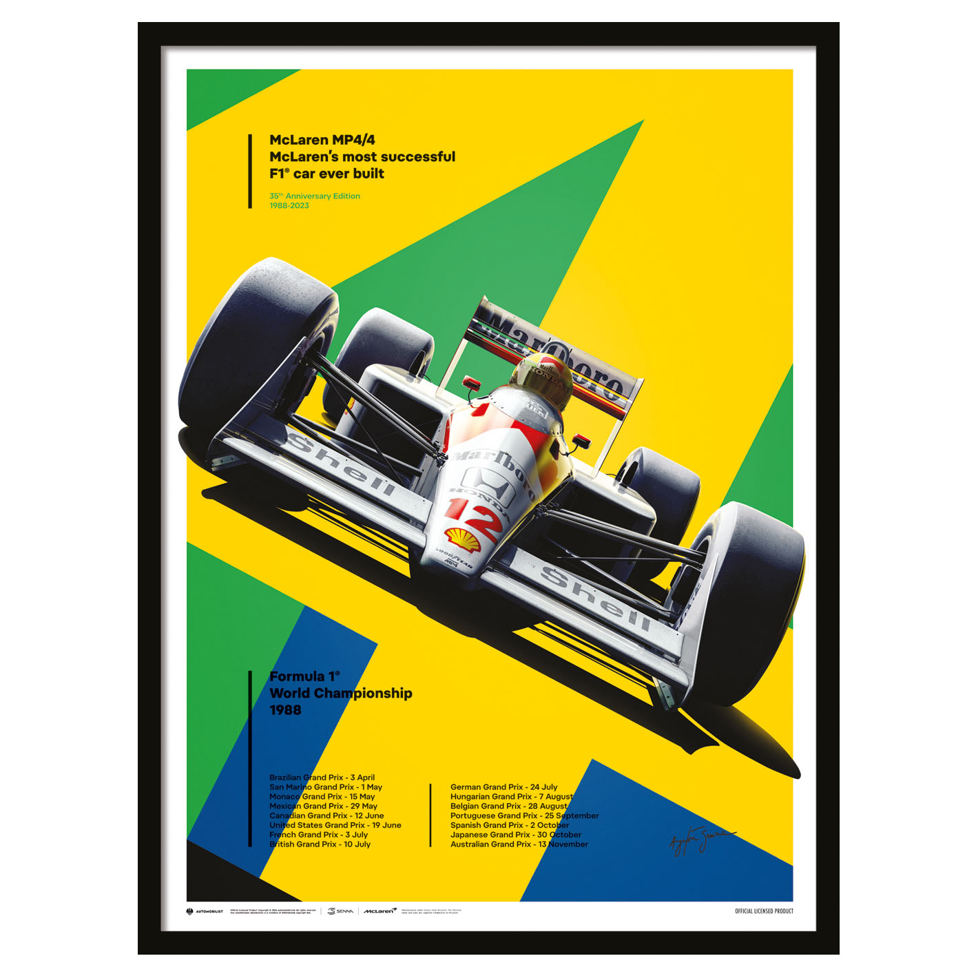 Ayrton Senna (MP4/4, San Marino GP, 35th Anniversary 1988) Pre-Framed Art Print